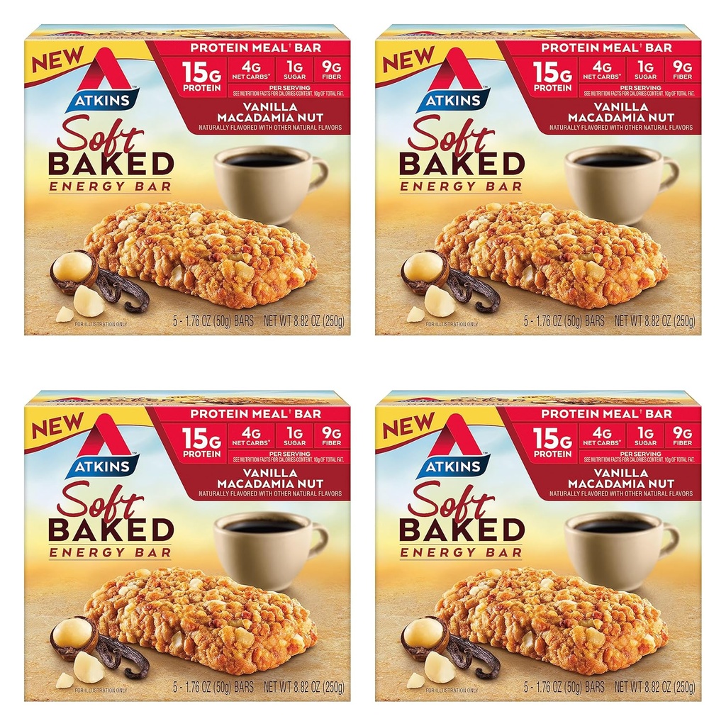 Atkins 바닐라 Macadamia 견과는 연약한 굽은 에너지 막대기, 단백질, 낮은 설탕, 높은 섬유 식사, 단백질 식사, 4 팩 (4개의 막대기 각각)에서 높은 향했습니다