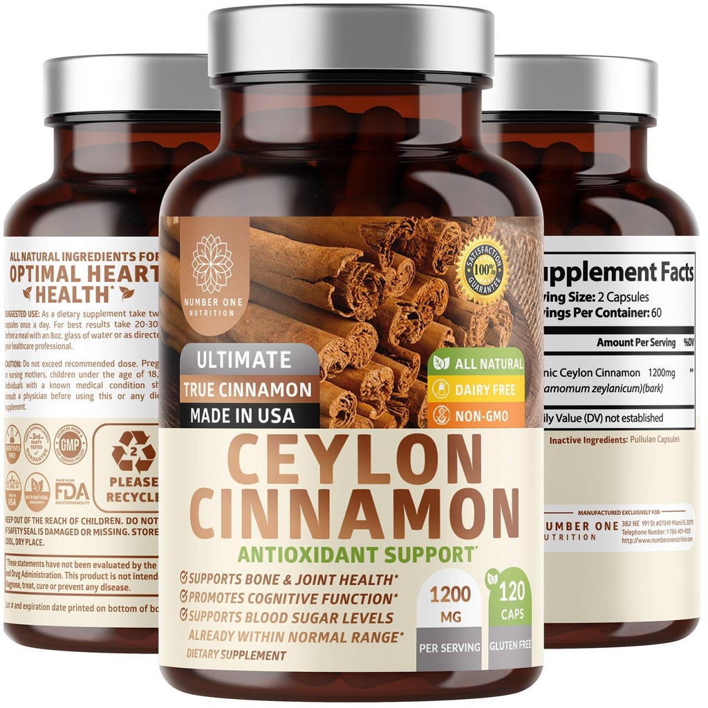 N1N 프리미엄 Ceylon Cinnamon 1200mg [100% 유기 Ceylon Cinnamon] 건강한 순환, 뇌 및 합동 기능을 지원하는 자연적인 보충교재, 120 모자