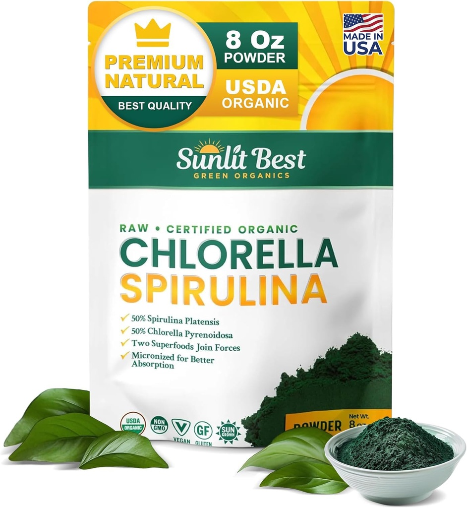 Sunlit Best USDA Organic Chlorella Spirulina Powder - 100 % Raw & Vegan Source of Protein & Chlorophyll | 비 GMO 및 글루텐 무료 슈퍼 푸드 에너지 음료 | Gut Health & Immune Support Supplement, 8 oz