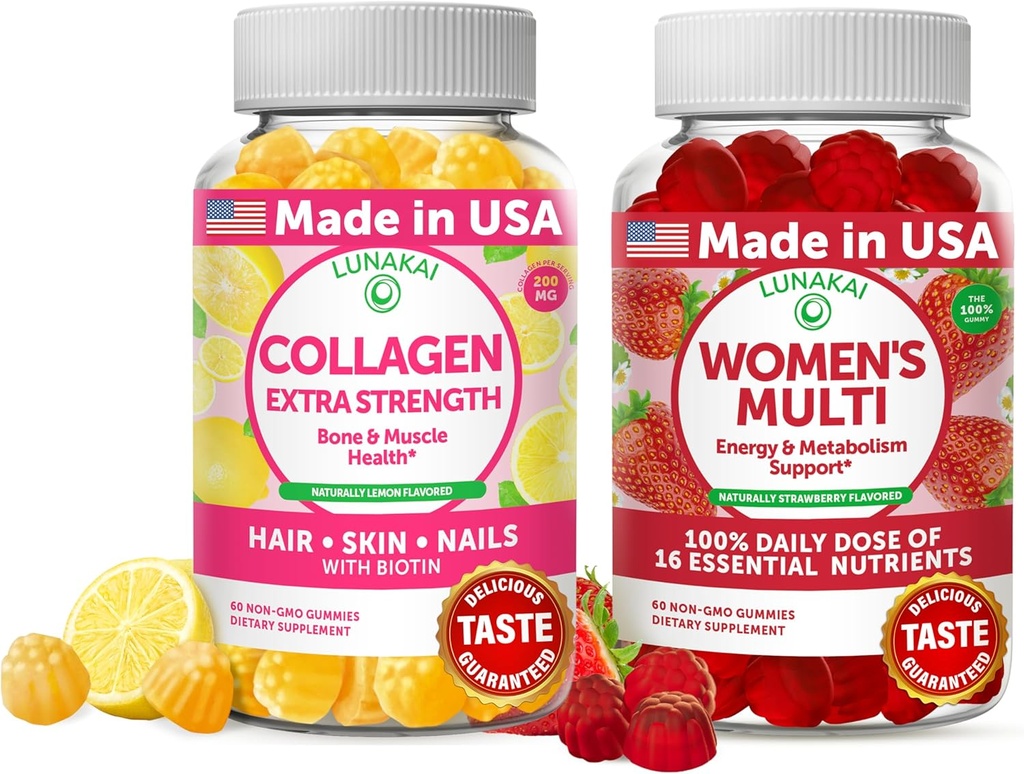 Lunakai Collagen 및 Women 's Multivitamin Gummies 번들 - Biotin, 아연, 비타민 C 및 E가있는 비 GMO 노화 방지 보조제 - 16 Essential Vitamins 및 Minerals의 100 % 일일 가치 - 30 Days 공급