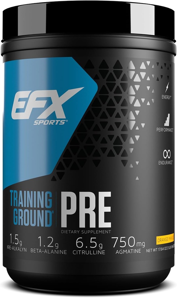 EFX 스포츠 훈련 지상 전 운동 분말 | 에너지 및 근육 펌프 | Hydromax Glycerol, Citrulline, Beta Alanine | 300mg 카페인 | 20 인분 (오렌지 망고)