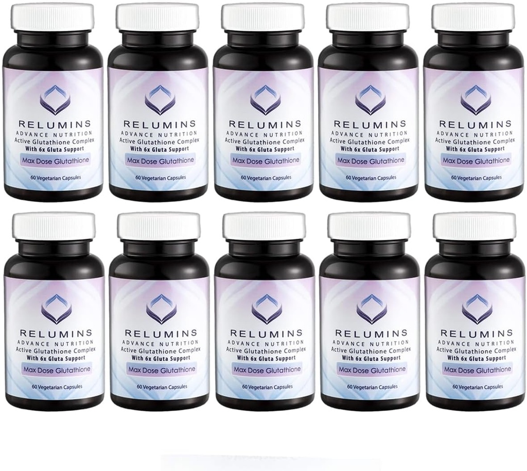 Relumins 진보적인 백색 활동적인 글루타티온 Complex - 6X 승압기, ALA & NAC를 가진 최대 복용량 900mg 글루타티온 - 노화 방지 피부 Brightening 보충교재 - 60의 모자 x 10의 병
