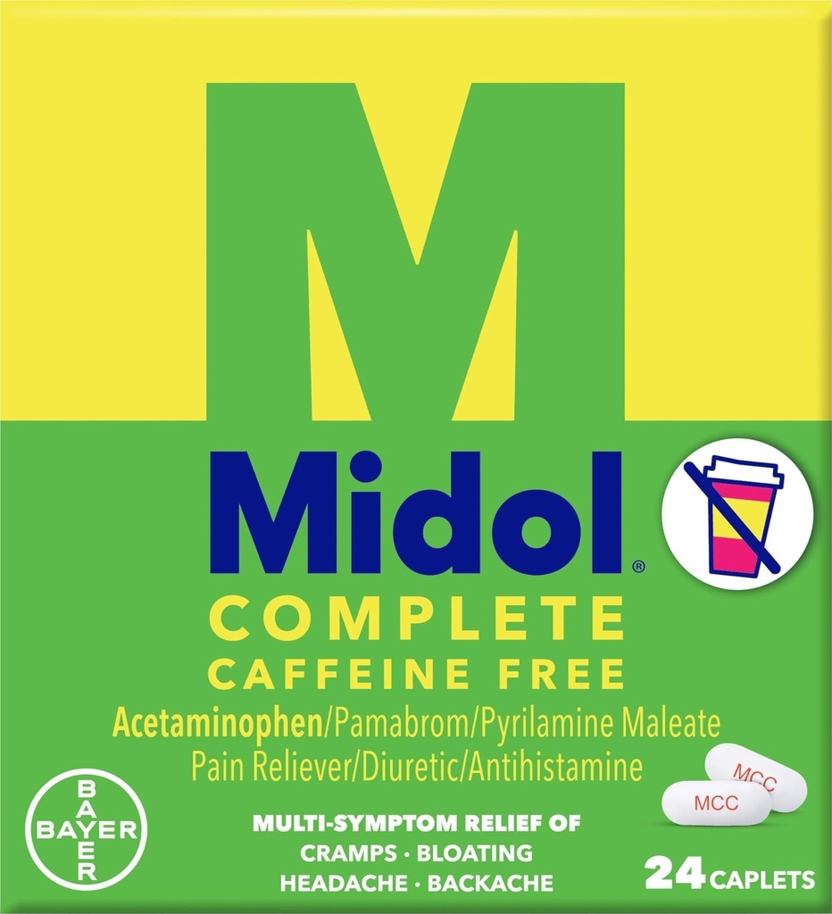 Midol 완전 한 카페인 무료 캡릿 24ct: Midol 완료 카페인 무료 Menstrual Pain Relief Caplets with Acetaminophen, 제공 두통 구호 및 기간 크림 완화, 24 조사