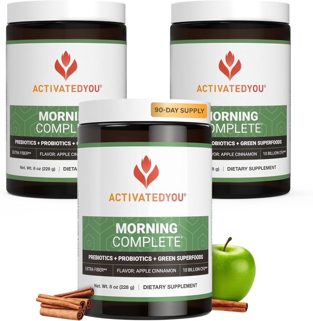 ACTIVATEDYOU 아침 데일리 웰니스 그린 슈퍼 푸드 음료 믹스 Gut Health w/Prebiotics, Probiotics, Antioxidants, Green Superfoods, 10 Billion CFUs (3 팩, Apple Cinnamon)