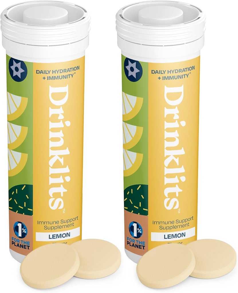Drinklits Lemon Immune 지원 태블릿 (2) 튜브 번들 | 매일 Immunity - 0g Sugar - Vitamins - Electrolytes - Herbal Blend | 20 서빙 - 10 튜브 당 정제