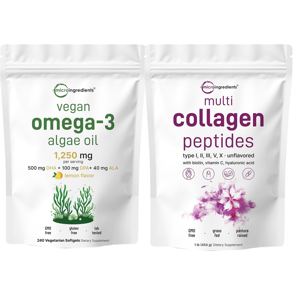 마이크로 성분 다 교원질 단백질 분말 16oz & Vegan Omega 3 조류 기름 보충교재 뭉치 2 팩 | 잔디 먹이는 교원질 펩티드 | Omega-3 가득 차있는 스펙트럼 대안 물고기 기름