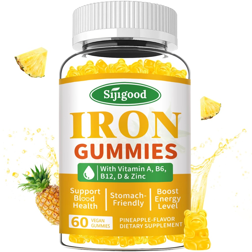 여성 및 남성을위한 철 Gummies - 비타민 B12, 비타민 C, 아연, Folate - Energy Boost, Sugar-Free, Pineapple 풍미, 60 카운트와 Anemia & Iron Deficiency를위한 Vegan Iron Supplement