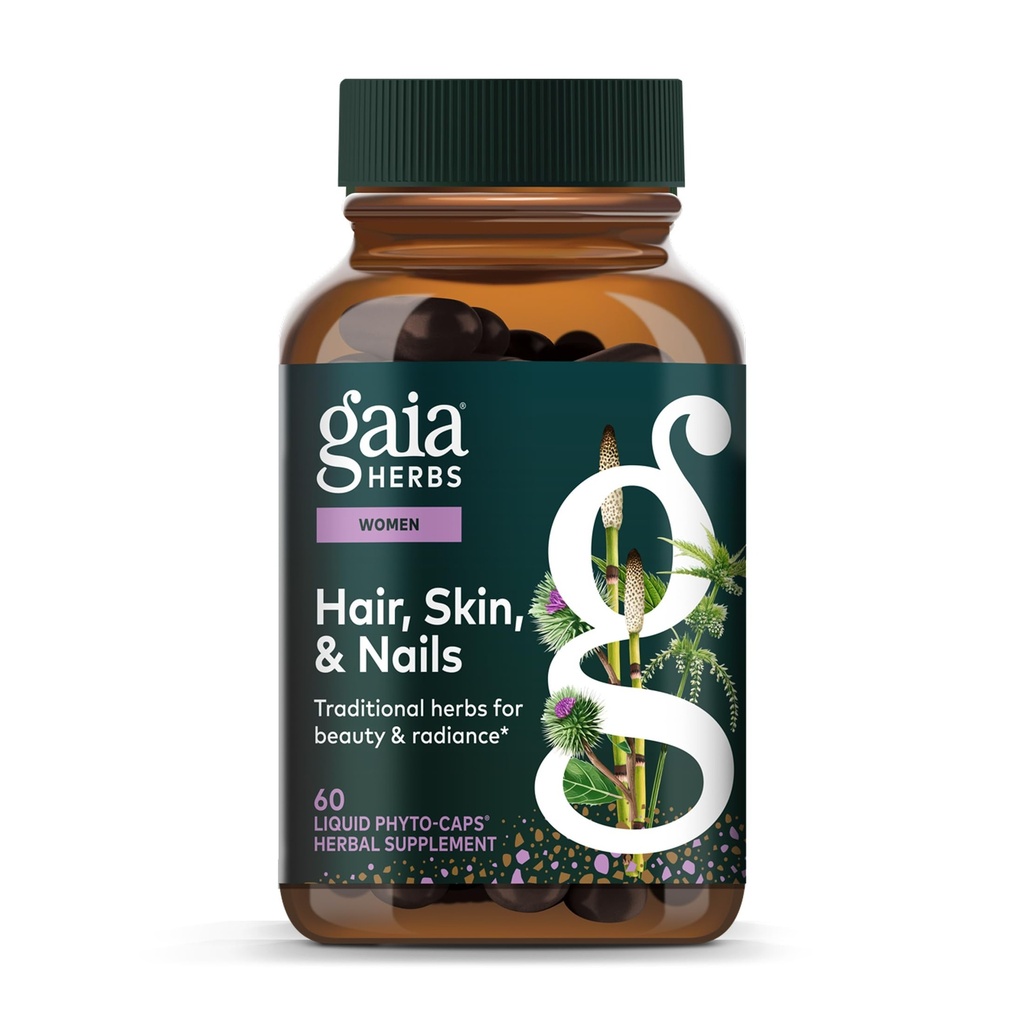 가이아 허브 헤어, 스킨 & 네일 - 건강한 피부, 헤어 & 네일 건강 * - Astaxanthin, 말테일, Gotu Kola & Burdock - 60 Vegan 액체 Phyto-Capsules (30 서빙)