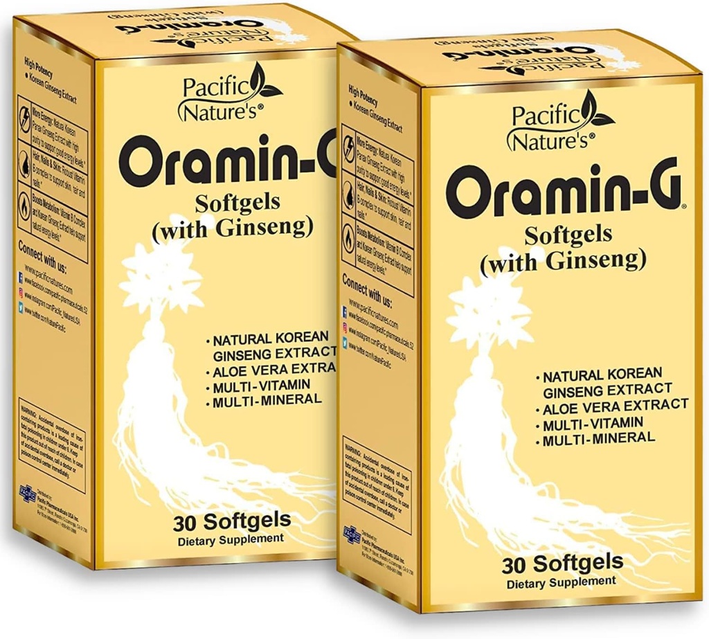 태평양 자연의 Oramin G (30 Softgels) 한국 인삼, 알로에 Vera, 비타민 B 복합체 및 에너지, 면역력 및 영양 지원 - 2 팩