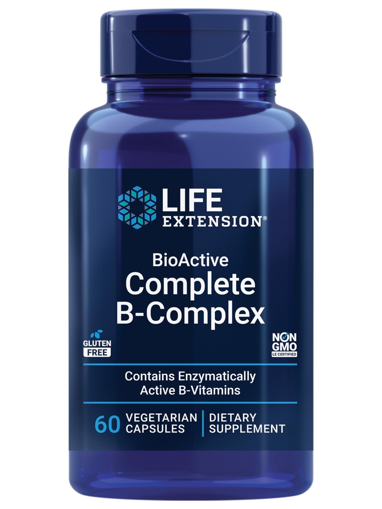 생명 연장 BioActive 완전한 B-Complex, 심장, 두뇌 및 Nerve 지원, 건강한 에너지, 대사, 완전한 B Complex, 60 채식 캡슐