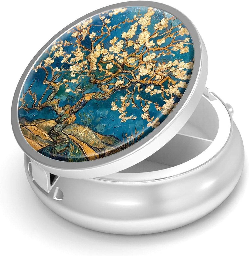Pill Box-3 Compartment Purse & Pocket Mini Metal Pill Holder Travel Pill Container를 위한 작은 알약 케이스는 비타민 BPA-Free (Almond Blossom-Van Gogh)를 보유합니다.