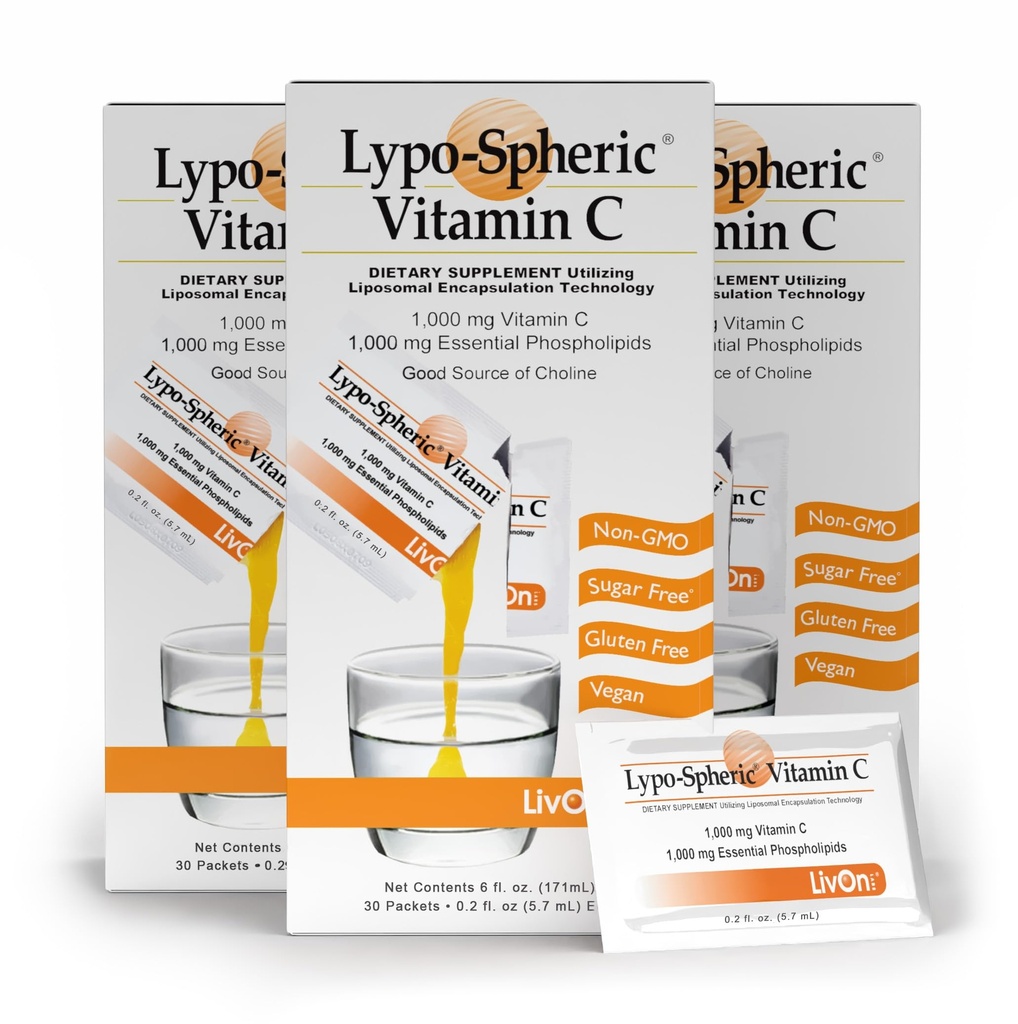 LivOn Laboratories Lypo-Spheric 비타민 C - 3 개의 판지 (90 패킷) - 1,000 mg 비타민 C 및 1,000 mg 에센셜 포지 당 소포 - 개선 흡수에 캡슐화 - 100 % Non-GMO
