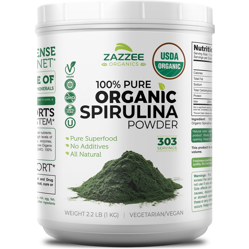Zazzee USDA 유기 Spirulina 분말, 2.2 파운드 (1 KG), 303 서빙, 인증 Kosher, 100 % 순수, 비 Irradiated, Mes-Free 와이드 입 컨테이너, 신선한 냄새 및 중립 맛, 비 GMO, 미국에서 만든