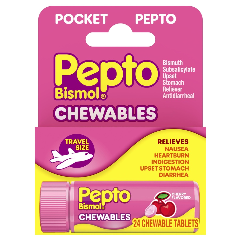 Nausea, Heartburn, Indigestion, Upset Stomach 및 Diarrhea를위한 Pepto Bismol 포켓 치마블 정제 - 5 증상 빠른 구호, 체리 맛 24캐럿