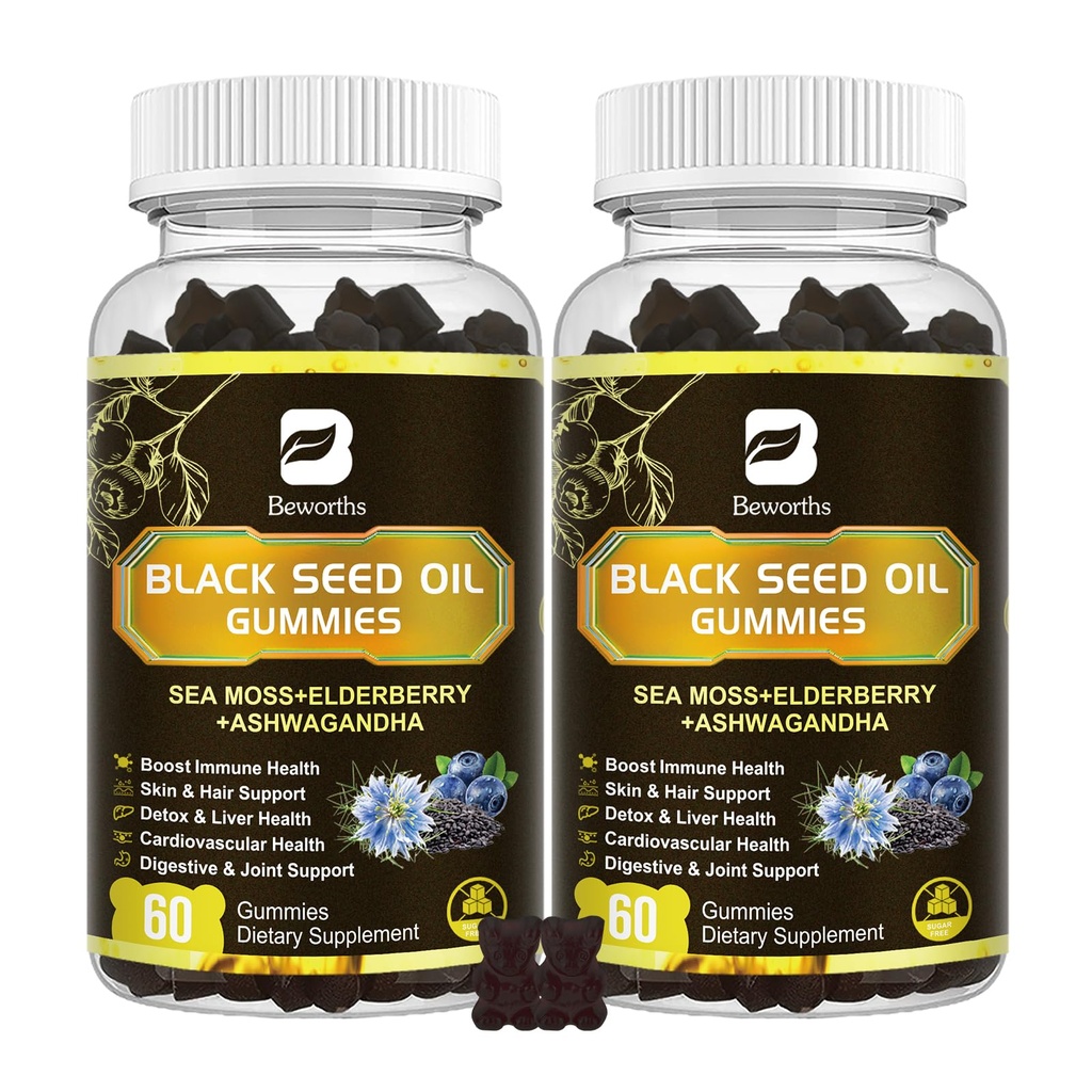 블랙 씨 오일 & 바다 Moss Gummies, 블랙 씨 오일, Ashwagandha 추출물, Elderberry, Turmeric, 비타민 C, 비타민 D3 - 면역 지원, 관절, 소화, 헤어 & 스킨