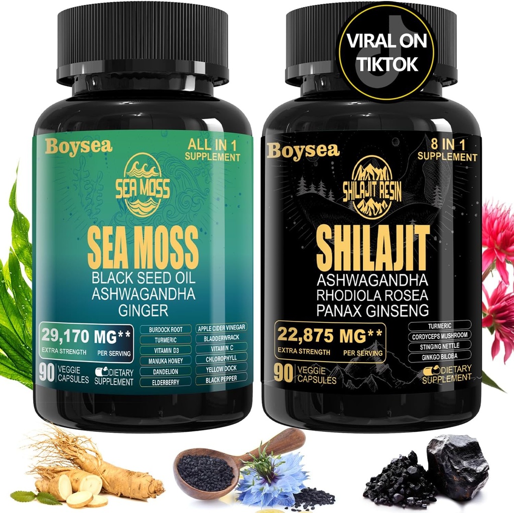 Geloo Superfood 보충교재 뭉치 - 90의 조사 바다 모스 캡슐 (바다 모스, 까만씨 기름) & 90의 조사 순수한 Shilajit 캡슐 (Shilajit, Ashwagandha) -1 팩
