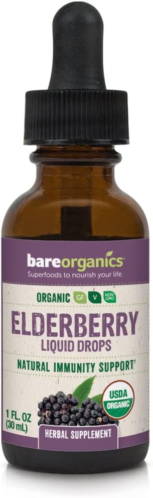 BareOrganics Elderberry 액체 드롭, 초본 보충, 1 Ounce