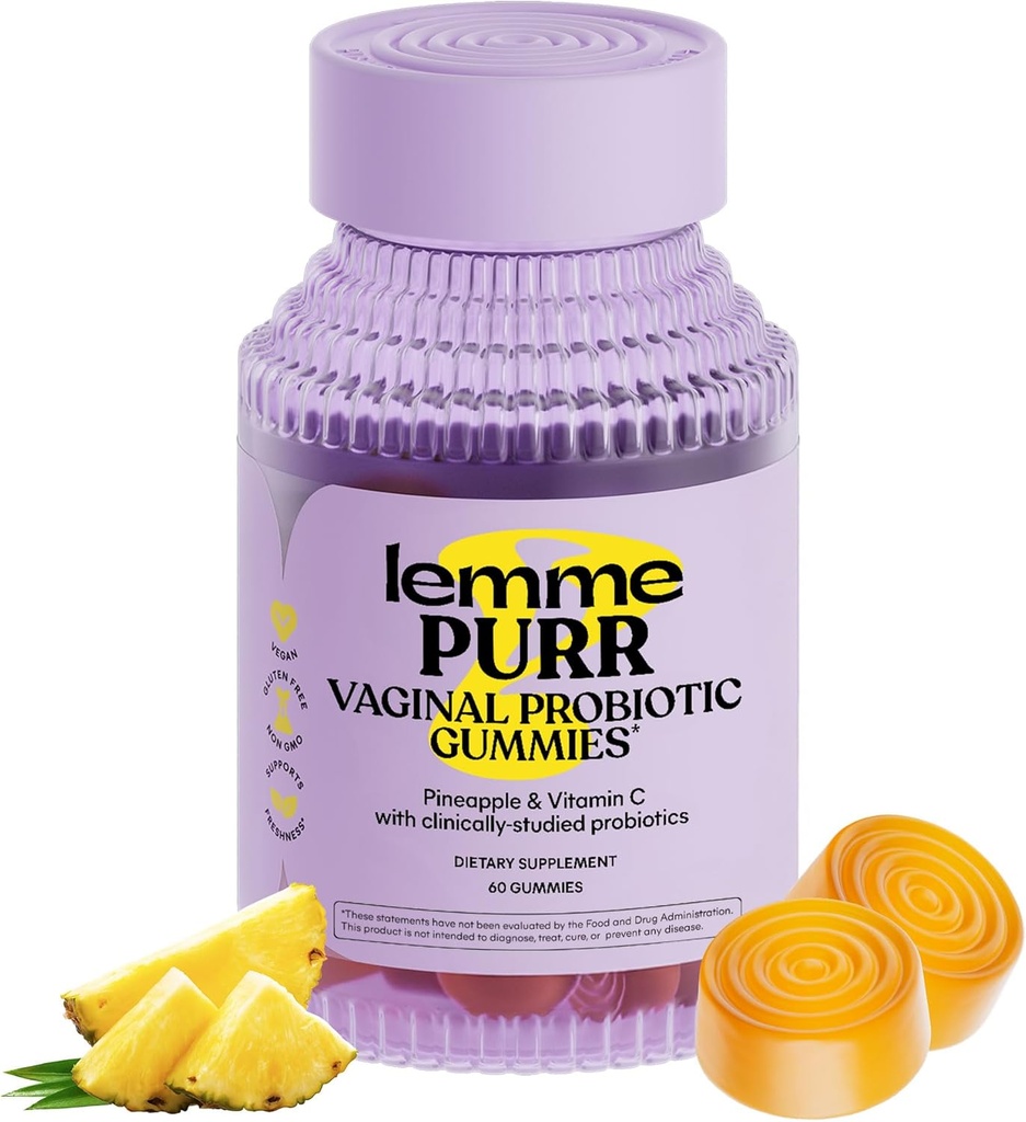 여성을위한 Lemme Purr Vaginal Probiotic Gummies - 균형 PH, 건강한 냄새, Yeast Balance & Flora Support + Immune 건강을위한 비타민 C - 맛있는 파인애플 (60 개)