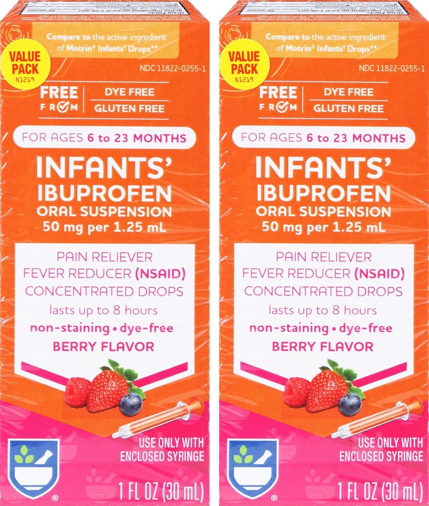 Rite Aid Infants' Dye-Free Ibuprofen Drops, Berry flavor, 50 mg - 2 Value Pack | 유아 통증 Reliever | 아기 연령 6 ~ 23 개월 동안 | 구두 현탁액 50 mg 당 1.25 mL | 글루텐 무료