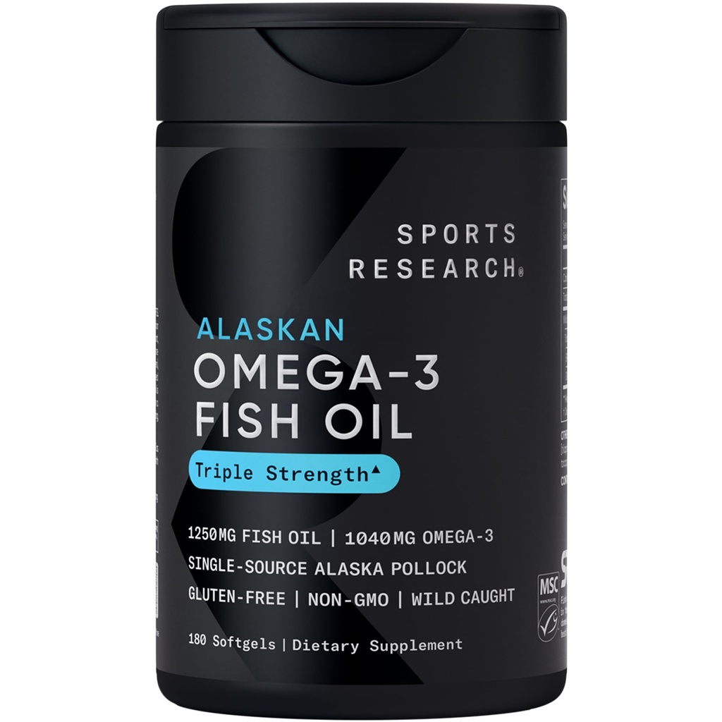 스포츠 연구 트리플 힘 Omega 3 물고기 기름 - Burpless 물고기 기름 보충교재 w/EPA & DHA 지방산은 단 하나 근원 야생 알래스카 Pollock에서 - 1250 mg, 180 ct를 강화합니다