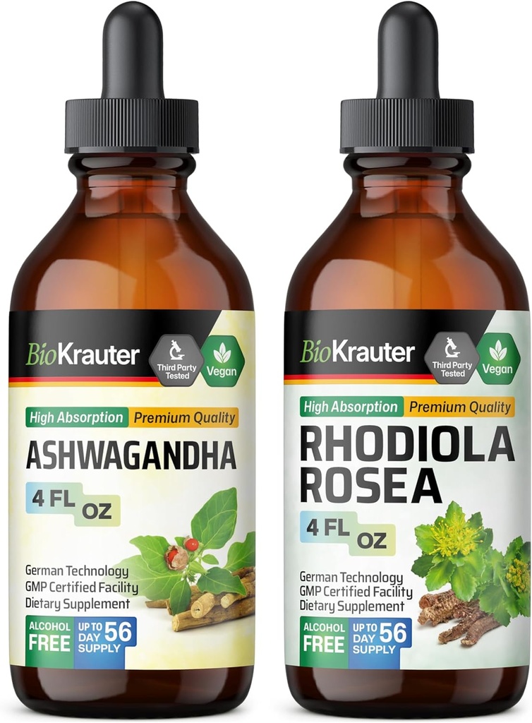 BIO KRAUTER Ashwagandha Tincture 4 Fl. Oz. & Rhodiola Rosea Tincture 4 Fl. 오즈.