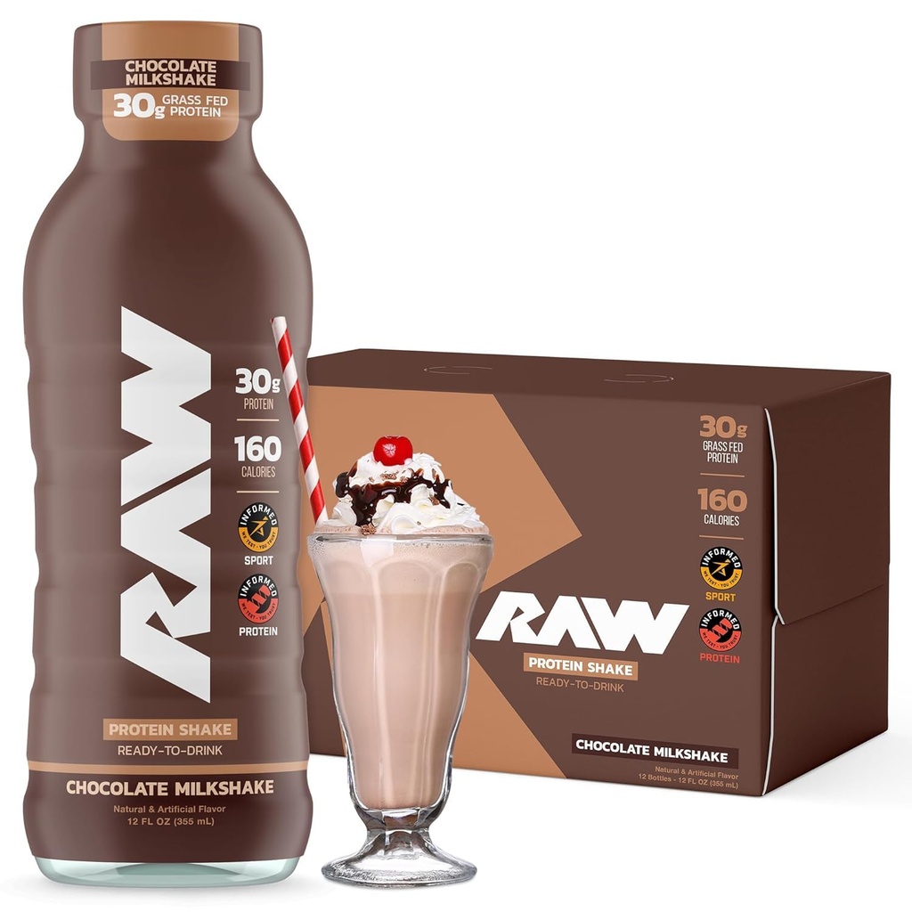 RAW Ready-to-Drink Protein Shake, 초콜렛 - 포스트 운동을위한 잔디 볶은 밀 단백질 Isolate가있는 RTD Protein 음료 - Zero-Sugar & Gluten-Free 식사 교체 음료 및 아침 Shake, 12 Fl Oz