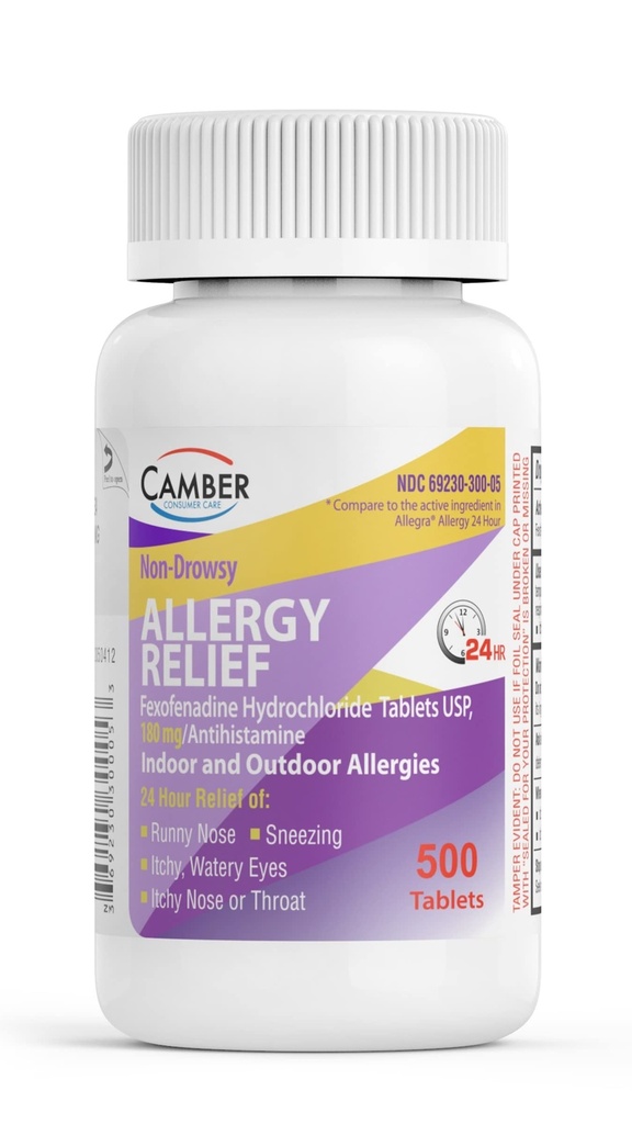 Camber 24 Hrs Non-Drowsy Fexofenadine Antihistamine 실내 옥외 알레르기 완화 정제 500 조사 가족 크기