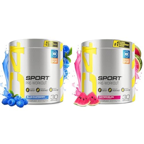 Cellucor C4 스포츠 사전 운동 분말 번들 - Blue Raspberry+Watermelon - Creatine + 135mg Caffeine 및 Beta-Alanine 성능 혼합 - 스포츠 30 서빙에 대한 NSF 인증