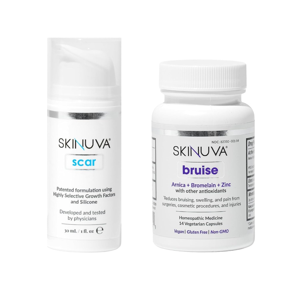 Skinuva® Scar (1 oz) & Bruise (14 캡슐) - 성장 인자 & Homeopathic Bruise Remedy와 공식화 된 고급 실리콘 크림 Arnica, Bromelain 및 아연