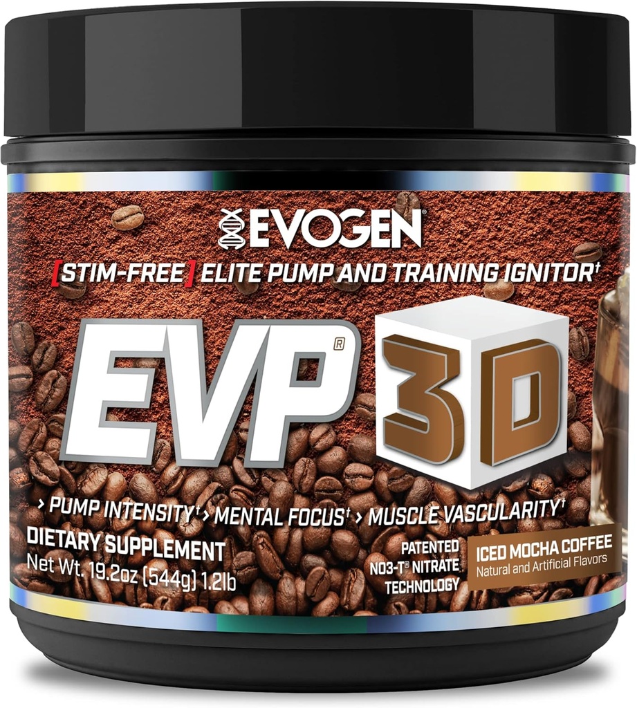 Evogen EVP 3D - Stim Free Pre Workout Powder for Men & Women | Beta Alanine 및 Creatine for Energy & Pump가있는 설탕 무료 비 자극 사전 운동 | 아이스 모차 커피 | 40 인분