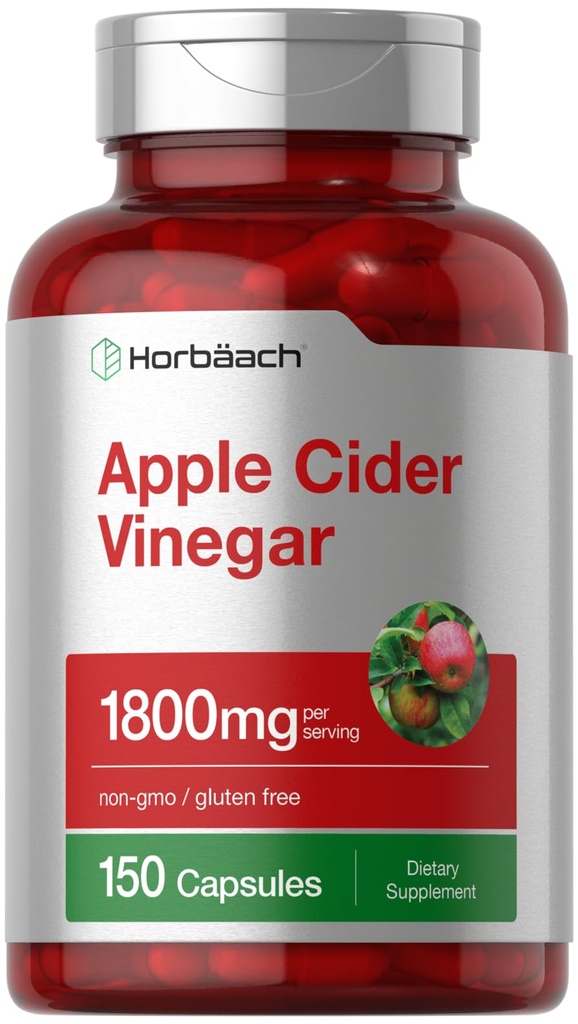 Horbäach Apple Cider Vinegar 캡슐 | 1800mg | 150 알약 | Non-GMO, 글루텐 무료 보충