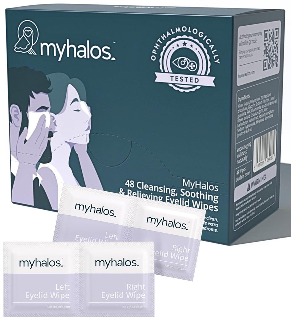 MyHalos® 48 Hydrating Eyelid Wipes for Dry Eye Relief - 차 트리를 가진 습기를 공급 & Soothing 눈 닦음 - Blepharitis & Computer Vision Syndrome, Blepharitis 처리를 가진 도움
