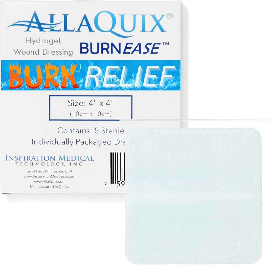BurnEaseTM Hydrogel Burn Dressing Pads by AllaQuix – XL 4" Sterile Pads (Box of 5)| 화상, 스칼드, 썬번에 대한 즉각적인 냉각 구호 | 응급 구호 치료 젤