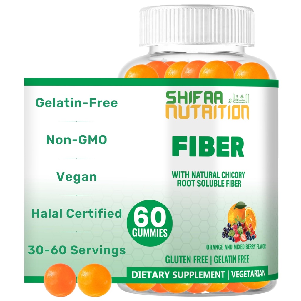 SHIFAA NUTRITION Halal & Gluten Free Fiber Gummies for Kids & Adults | 4g, 30-60 서빙 | 60 구미 | 소화 건강, 면역력 및 구트 건강 향상 | Vegan Prebiotic | Non-GMO, 젤라틴 프리