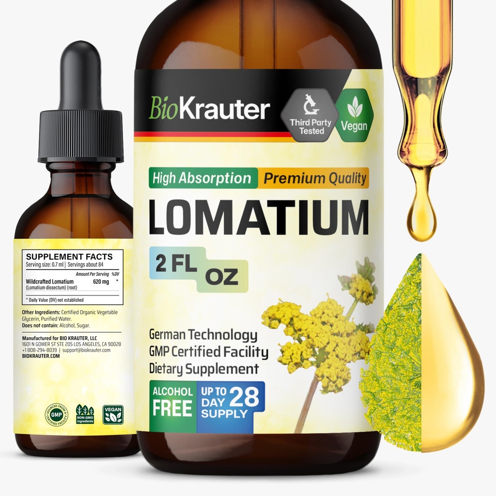 BIO KRAUTER Lomatium Root Tincture - 채식 호흡 지원 보충교재 - Lomatium Dissectum 액체 추출물 - 알코올 및 설탕 무료 - 2 Fl.Oz.