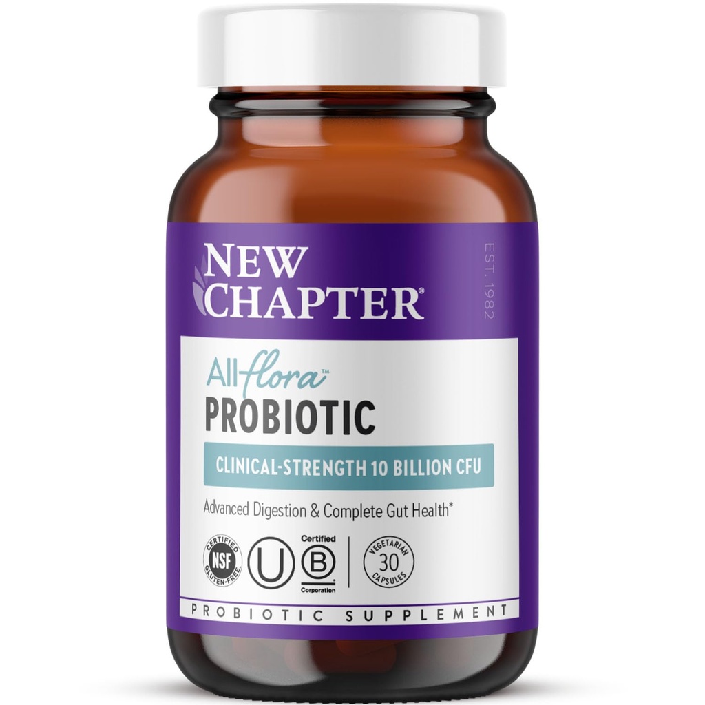 새로운 장 Probiotic All-Flora - 30 ct (1 개월 공급) 고급 소화 및 Prebiotics + Postbiotics, 임상적으로 장식 된 Strains, 100 % Vegan, Non-GMO, 선반 안정