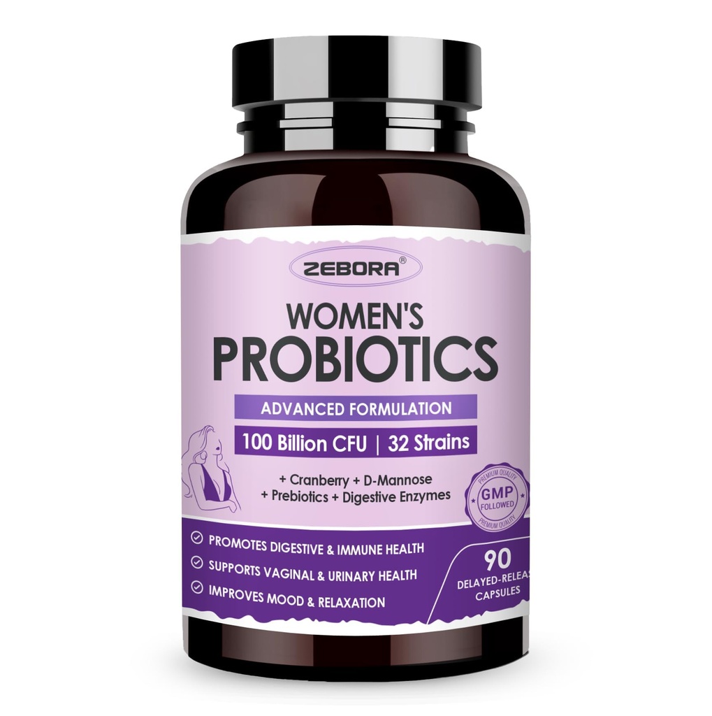 ZEBORA Probiotics for Women Digestive Health with Enzymes & Prebiotics 100 Billion CFUs|D Mannose & Cranberry를 사용한 질 프로바이오틱스 | Urinary Tract Health | 면역 지원, 90 캡슐