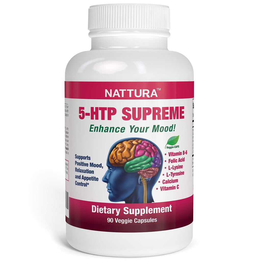 Nattura 5-HTP Supreme - Positive Mood, Relaxation 및 Appetite Control - 5-HTP, L-Tyrosine, L-Lysine, 비타민 B6, Folate (Folic Acid), 비타민 C (Ascorbic Acid), 칼슘 - 90 캡슐
