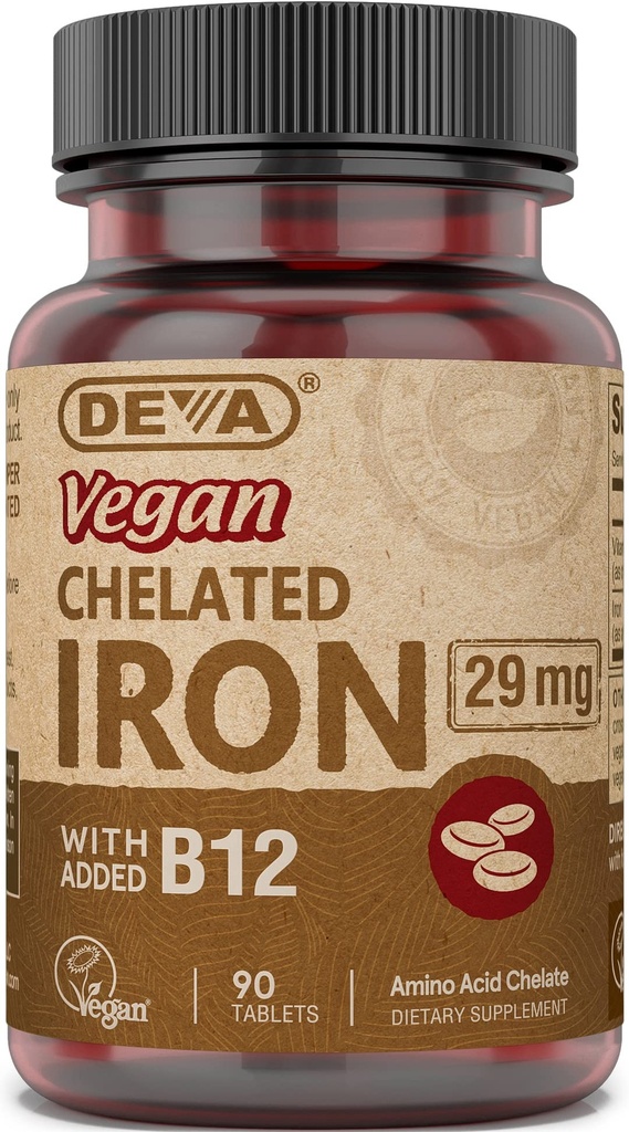 Deva 영양 Vegan Chelated 철 29 mg B-12로 Fortified - 높은 효능, 삼키기가 매우 - 90 정제, 1 팩