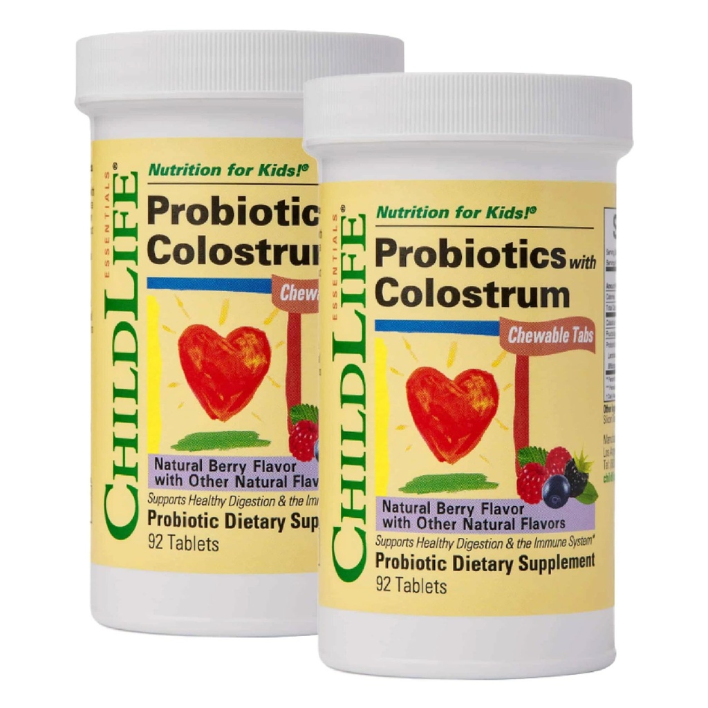 CHILDLIFE ESSENTIALS ChildBiotics with Colostrum- Probiotics for Kids, Digestive Health, Chewables, Children's Probiotics, Colostrum for Kids - Natural Berry, 92 Tablets (포장 2)