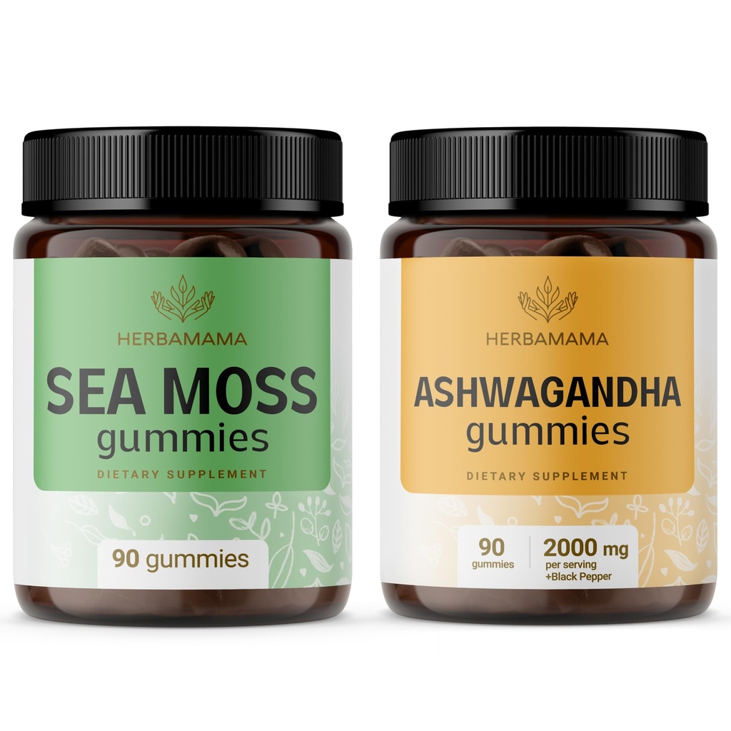 HERBAMAMA 바다 Moss와 Ashwagandha 키트 - Bladderwrack & Ashwagandha 루트 Gummies와 1600 mg 바다 Mos의 번들 - Vegan, Non-GMO, Gelatin-Free - 2 팩