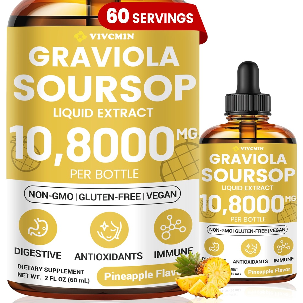 Graviola Soursop 잎 추출물 액체 - Soursop Bitters 액체, Immune, Relax, Liver 및 Sleep, Sugar & Alcohol-Free, 높게 흡수성 공식, 파인애플 맛, 2 Fl Oz 지원