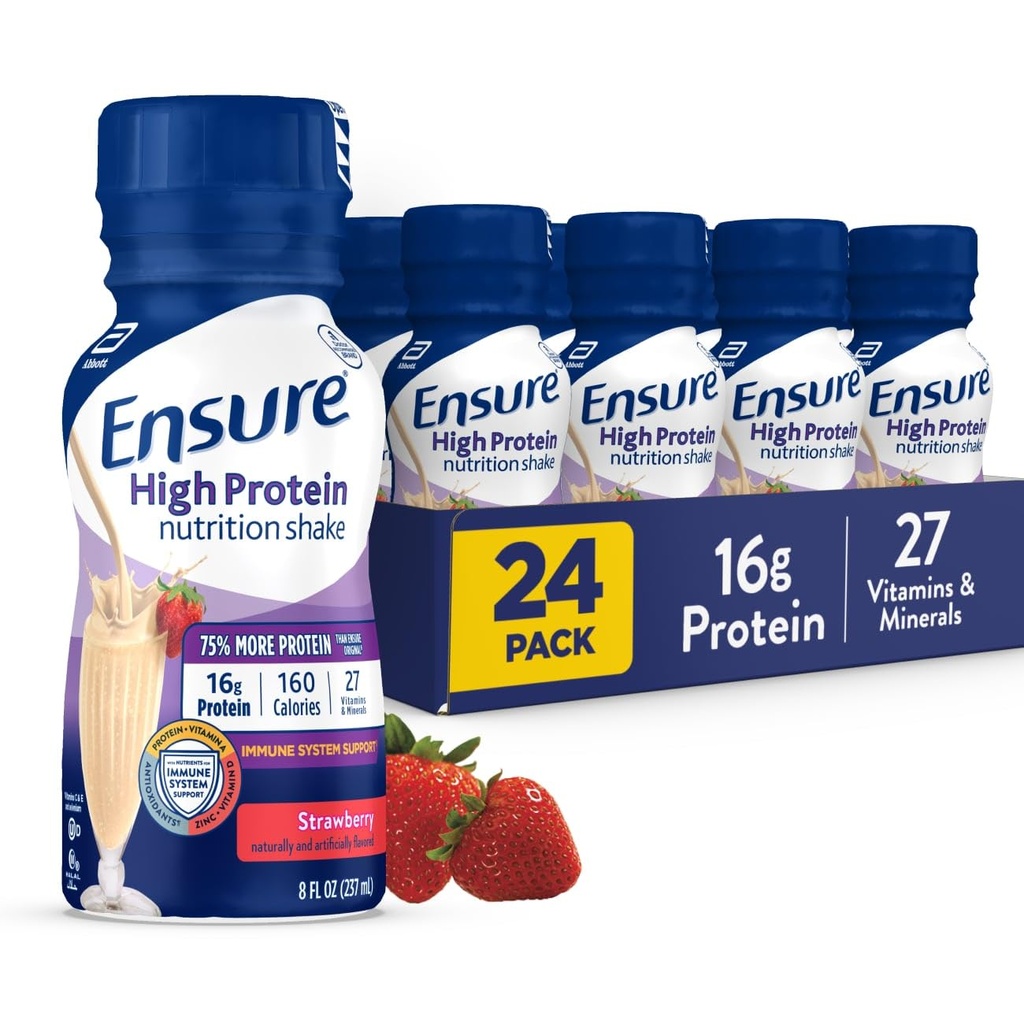 High Protein Strawberry Nutrition Shake, 음료, 16g Protein 및 27 Vitamins 및 Minerals, 8 fl oz, 24 Pack 준비