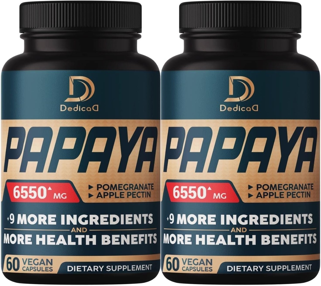 소화를 위한 10in1 순수한 Papaya 효소 6550mg 4 달 지원 소화, Immune & 몸 건강 - 추출된 석류, 애플 펜틴, 생강, 심황, Peppermint - 2 팩 60 조사