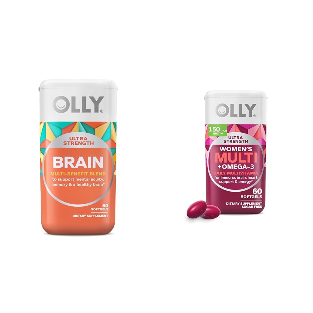 OLLY Ultra Strength Brain Softgels, Nootropic, 건강한 두뇌 기능, 기억, 초점 & Ultra Women's Multi Softgels, 전반적인 건강 및 면역 지원, Omega-3s, 철, 비타민 A, D를 지원합니다