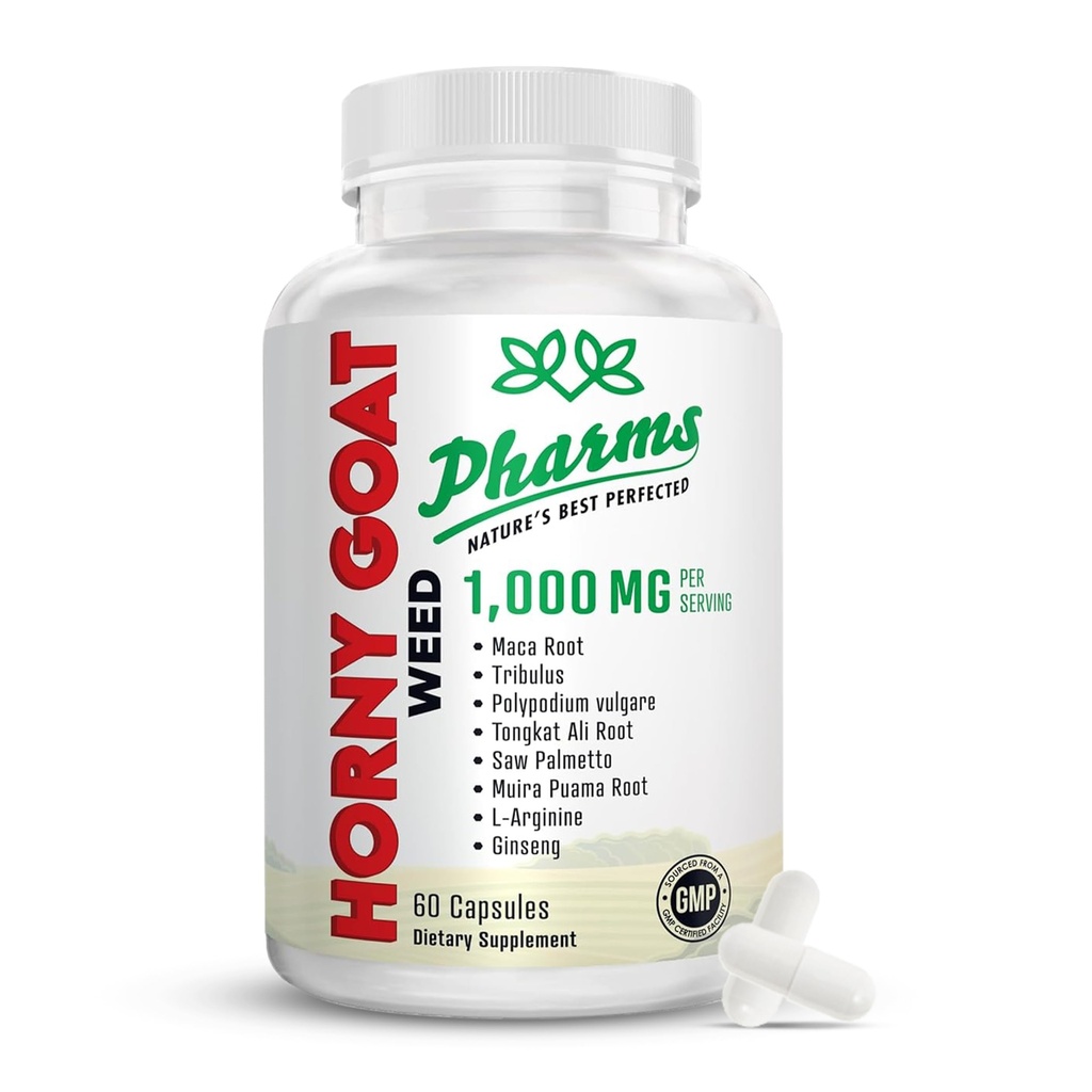 PHARMS Hornygoatweed for Men & Women (1,000 mg) - Maca Root, Tribulus, Tongkat Ali, Saw Palmetto & Ginseng - 여성 및 남성 강화 성능 보충 - 60 캡슐