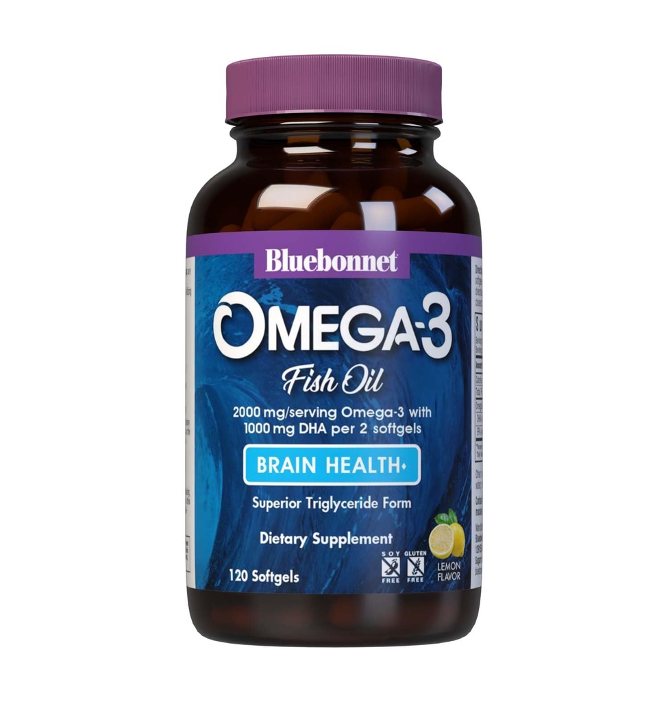BlueBonnet 영양 Omega-3 뇌 공식 자연적인 야생 겁에 질린 Triglyceride 모양 DHA 1000 mg EPA 210 mg, 높게 집중된 Cognitive 건강 & 웰니스 지원 보충교재, 글루텐 자유로운 Softgel, 황색/Clear, 레몬, 120 조사
