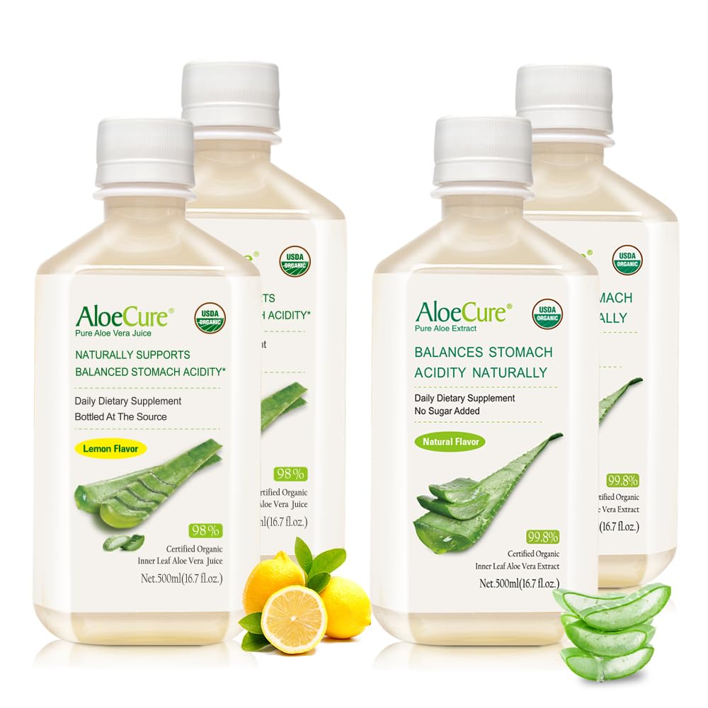 AloeCure 유기 알로에 Vera 주스 - 4 병 표본 팩 - 레몬 & 자연적인 풍미, 4x500ml