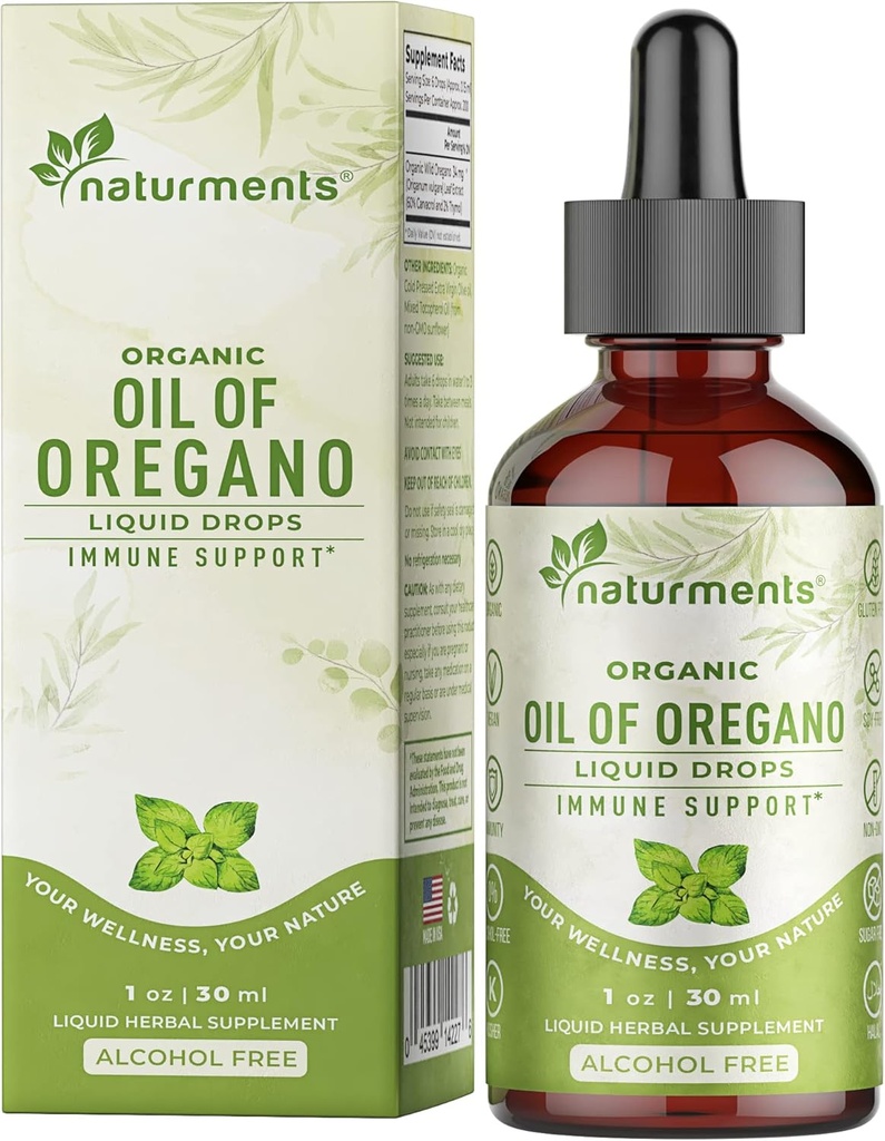 Immune Support & Gut Health의 Oregano 오일 드롭. Vegan, Non-GMO, Sugar Free & Gluten 유기 엑스트라 버진 올리브 오일과 유기 야생 지중해 Oregano 오일 - 1 Fl Oz 30 Ml
