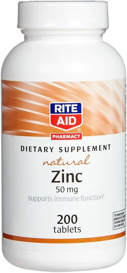 Rite Aid 천연 아연, 50 mg, 200 정제 - Immune 기능 지원 - 아연 보충제 - 비타민 보충제 - 천연 아연 보충 - 산화 방지제 건강에 대한 필수 미네랄 - Easy-to-Swallow